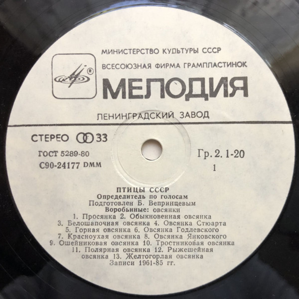 ПТИЦЫ СССР. Определитель по голосам (подготовлен Б. Вепринцевым).