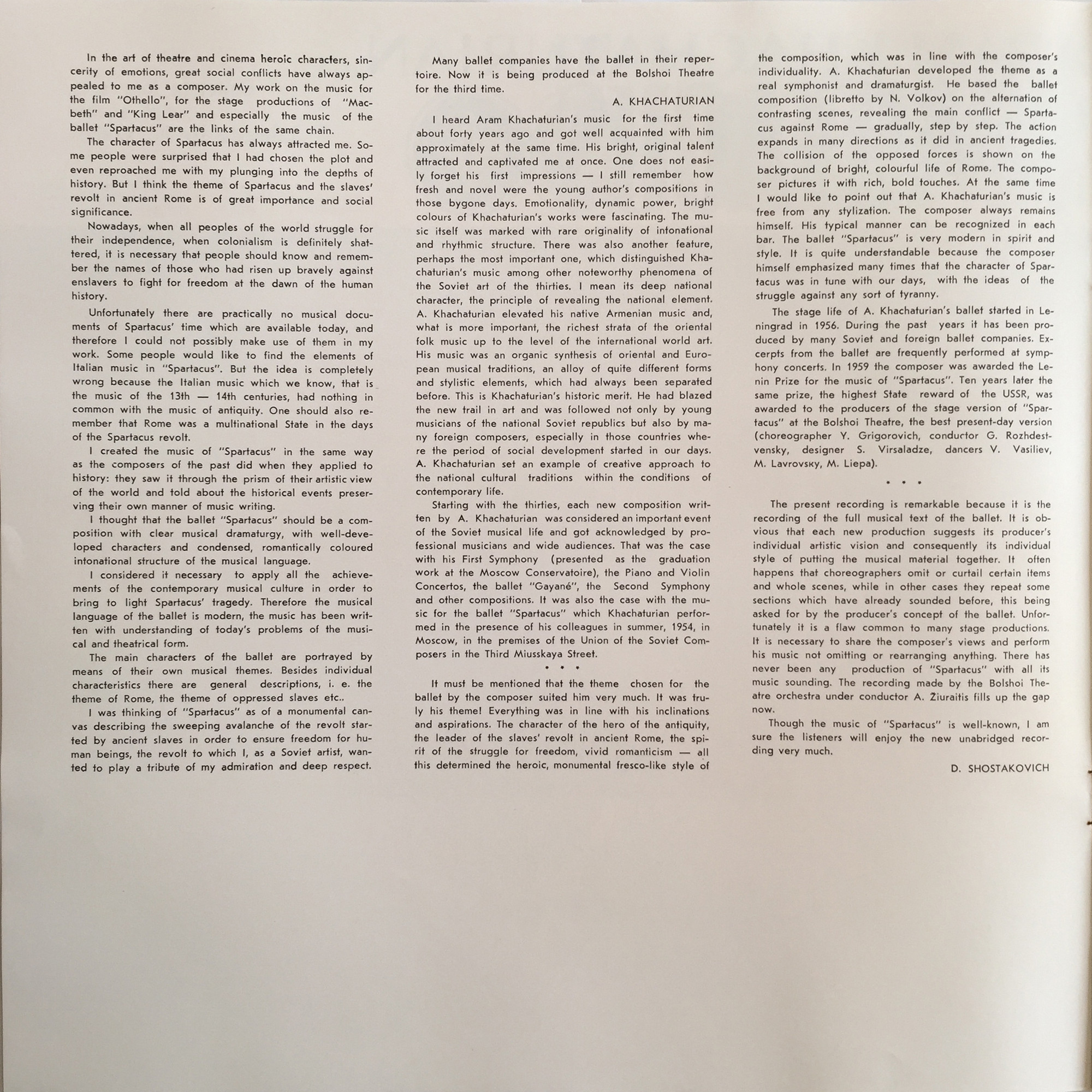 А. ХАЧАТУРЯН. «Спартак». Балет в четырех действиях, девяти картинах. Либретто Н. Волкова