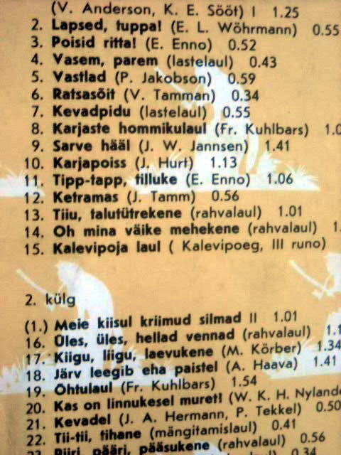 В. ТОРМИС (1930): «Школьные песни бабушек и дедушек / Vanavanemate viisivakk», детская оратория - на эстонском языке