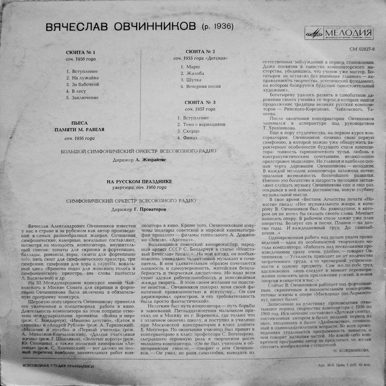 В. ОВЧИННИКОВ (1936–2019): Три оркестровые сюиты; Пьеса памяти М. Равеля; На русском празднике (увертюра)