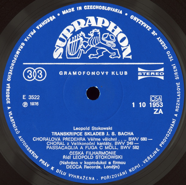 Leopold Stokowski ‎– Transkripce Skladeb J. S. Bacha [по заказу чешской фирмы SUPRAPHON 1 10 1953]