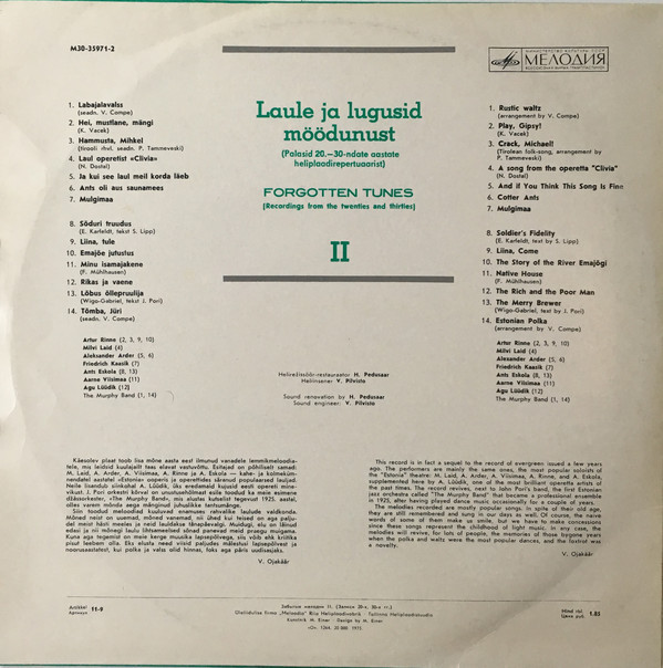 ПОПУЛЯРНЫЕ ПЕСНИ 20-х - 30-х гг. (Ununenud meloodiaid. II) - на эстонском языке (Вторая пластинка)