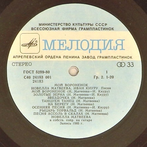 Новелла МАТВЕЕВА. Иван КИУРУ. Мой вороненок. Песни