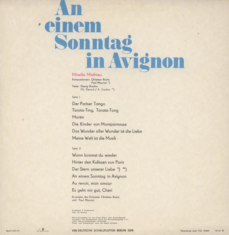 Mireille Mathieu ‎– An Einem Sonntag In Avignon [по заказу немецкой фирмы AMIGA 8 55 259]