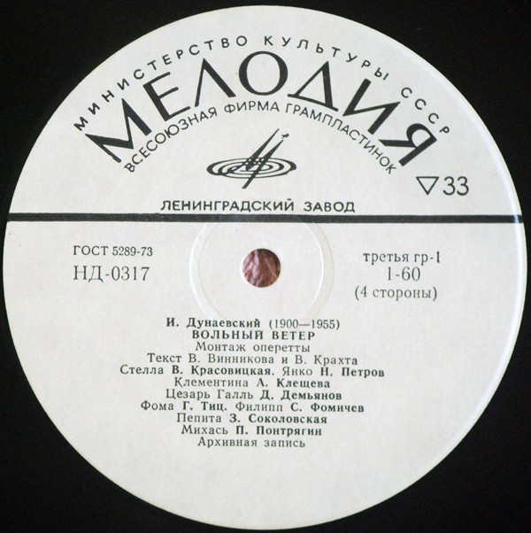 И. ДУНАЕВСКИЙ (1900–1955): «Вольный ветер», монтаж оперетты