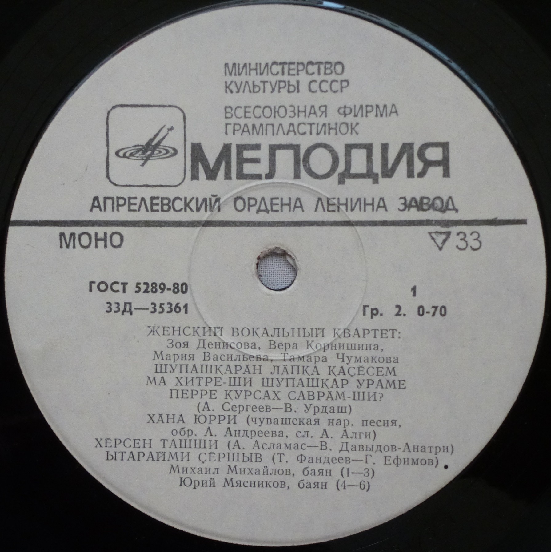 ЖЕНСКИЙ ВОКАЛЬНЫЙ КВАРТЕТ: Зоя Денисова, Вера Корнишина, Мария Васильева, Тамара Чумакова. Чувашские песни