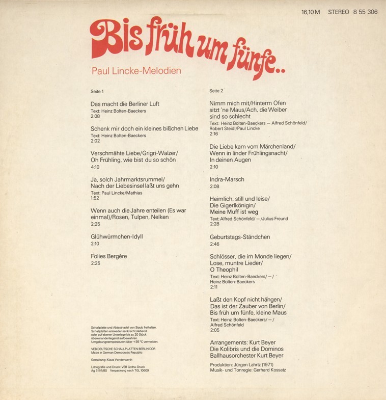 Bis früh um fünfe... Paul Lincke Melodien [по заказу немецкой фирмы AMIGA 8 55 306]