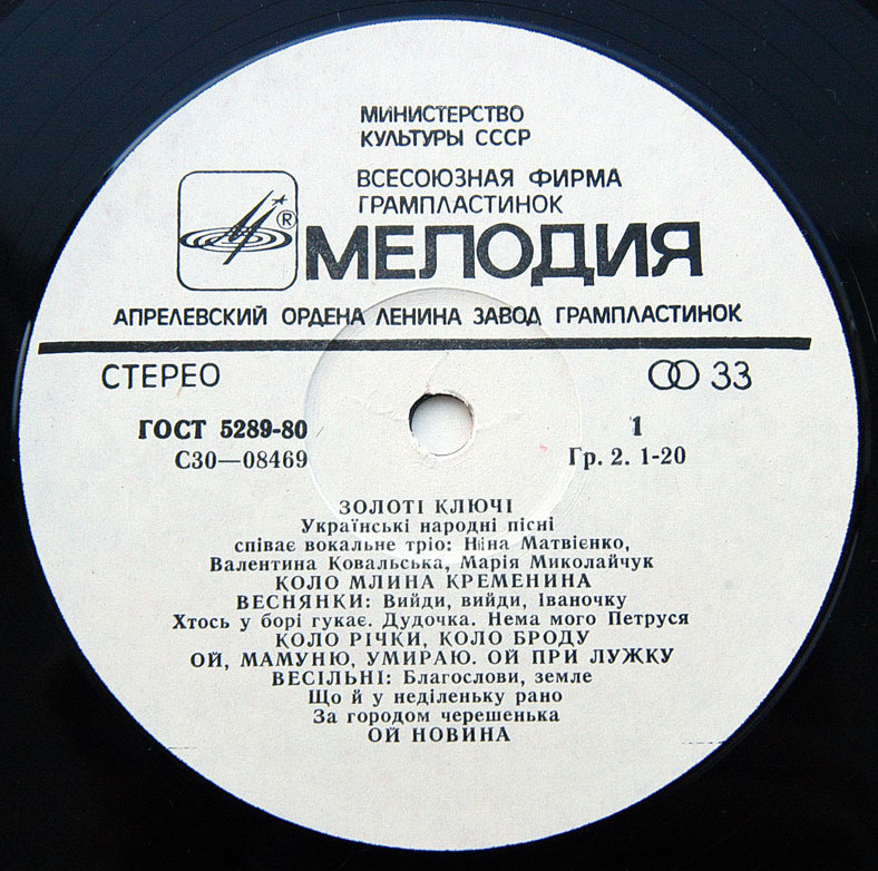 ЗОЛОТІ КЛЮЧІ. Українські народні пісні співає вокальне тріо: Ніна Матвієнко, Валентина Ковальська, Марія Миколайчук.