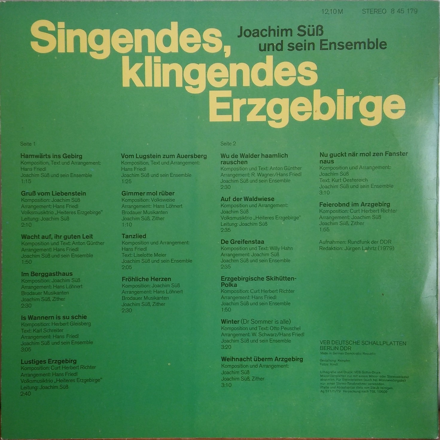 Joachim Süß Und Sein Ensemble. Singendes, Klingendes Erzgebirge [по заказу немецкой фирмы AMIGA 8 45 179]