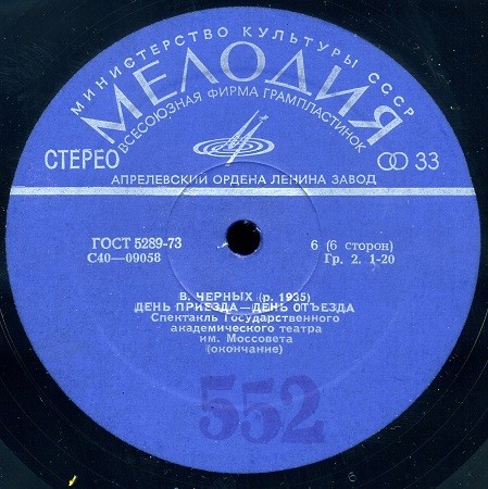 В. ЧЕРНЫХ (1935): День приезда - день отъезда. Спектакль Гос. академ. театра им. Моссовета (музыка В. Матвеева).