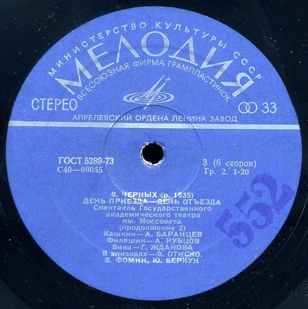 В. ЧЕРНЫХ (1935): День приезда - день отъезда. Спектакль Гос. академ. театра им. Моссовета (музыка В. Матвеева).