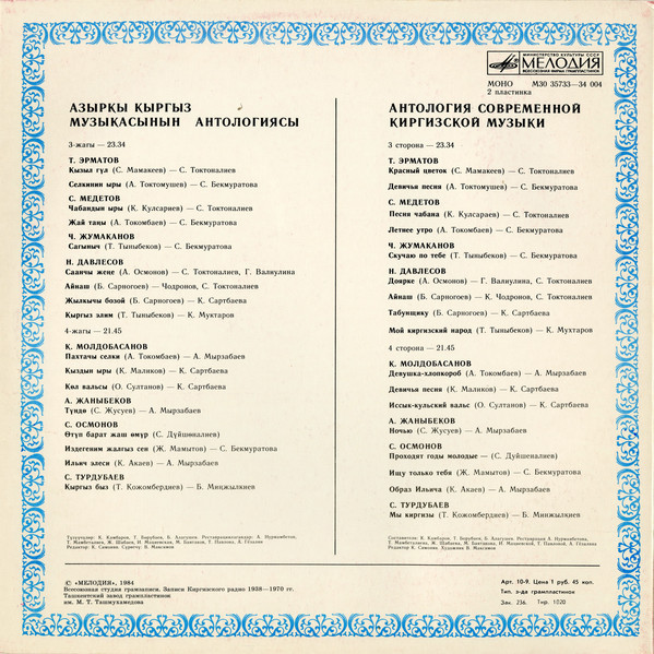 АНТОЛОГИЯ СОВРЕМЕННОЙ КИРГИЗСКОЙ МУЗЫКИ.