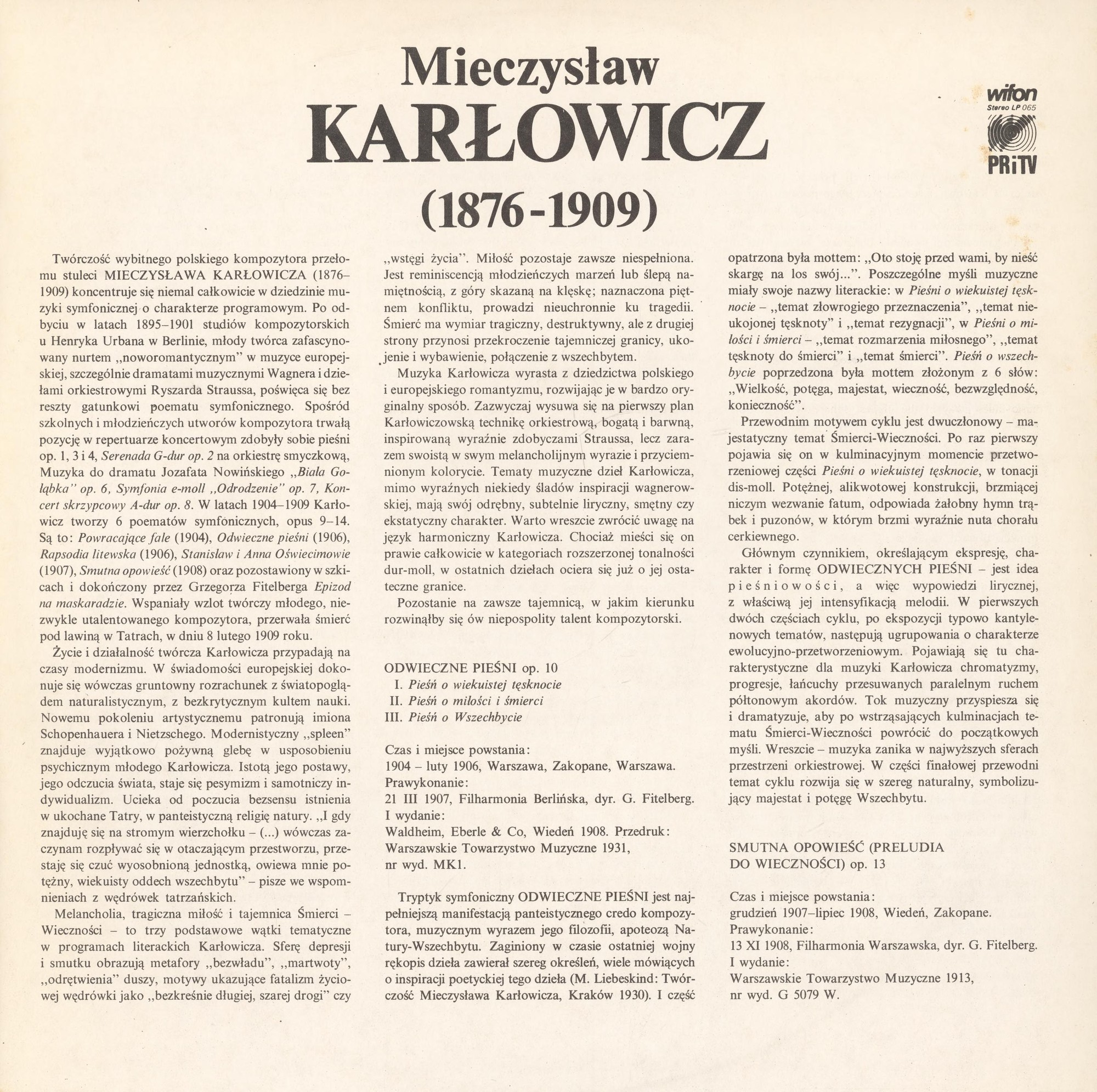 Jerzy Salwarowski /  Karłowicz - Poematy Symfoniczne (3) [по заказу польской фирмы WIFON, LP 065]