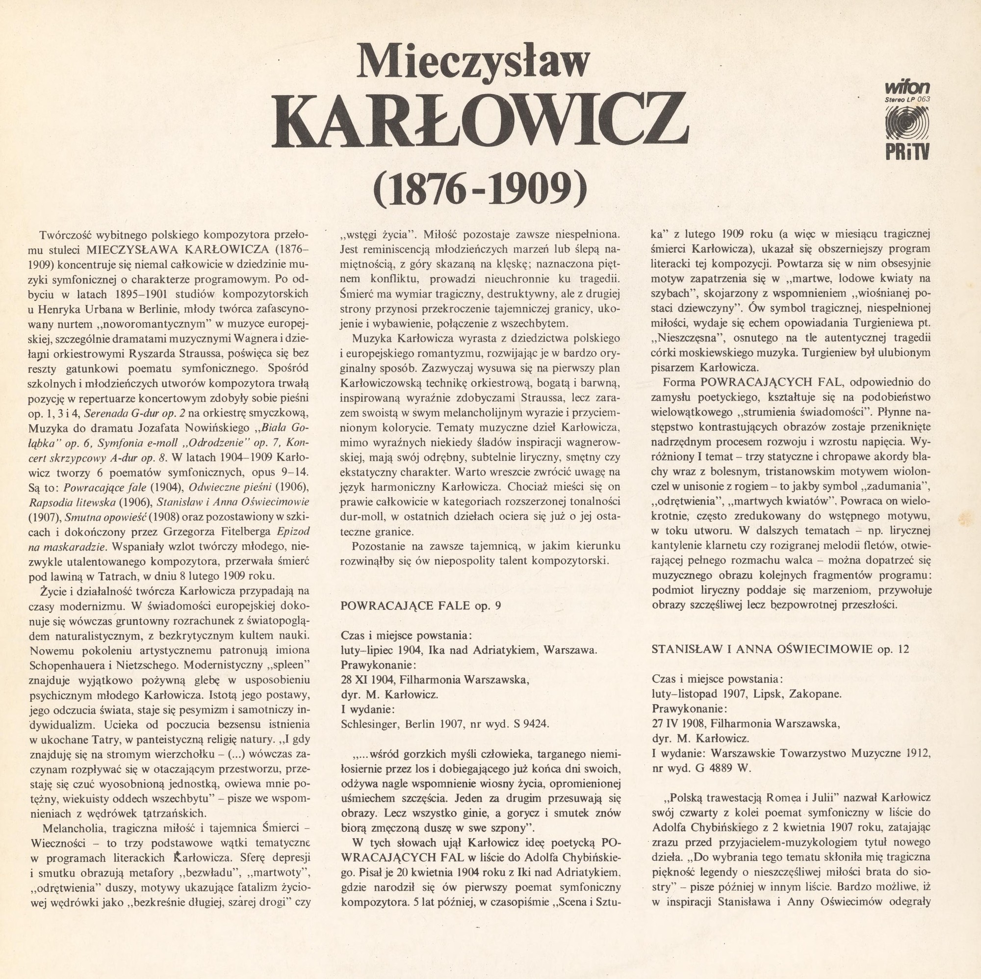 Jerzy Salwarowski  / Karłowicz - Poematy Symfoniczne (1) [по заказу польской фирмы WIFON, LP 063]