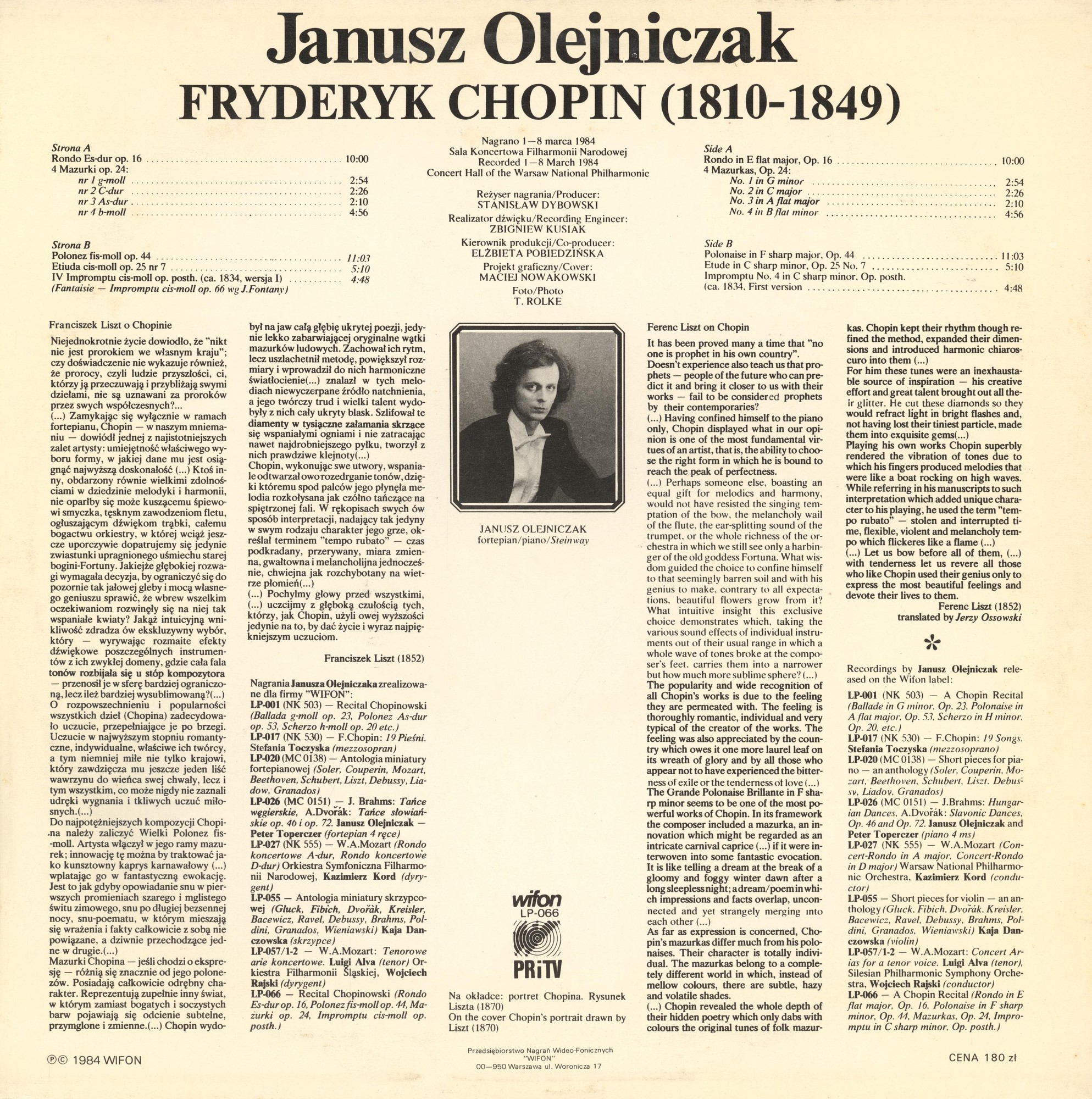 Janusz Olejniczak: Chopin -  Rondo Op.16 Mazurki Op.24  Polonez Op.44 [по заказу польской фирмы WIFON, LP 066]