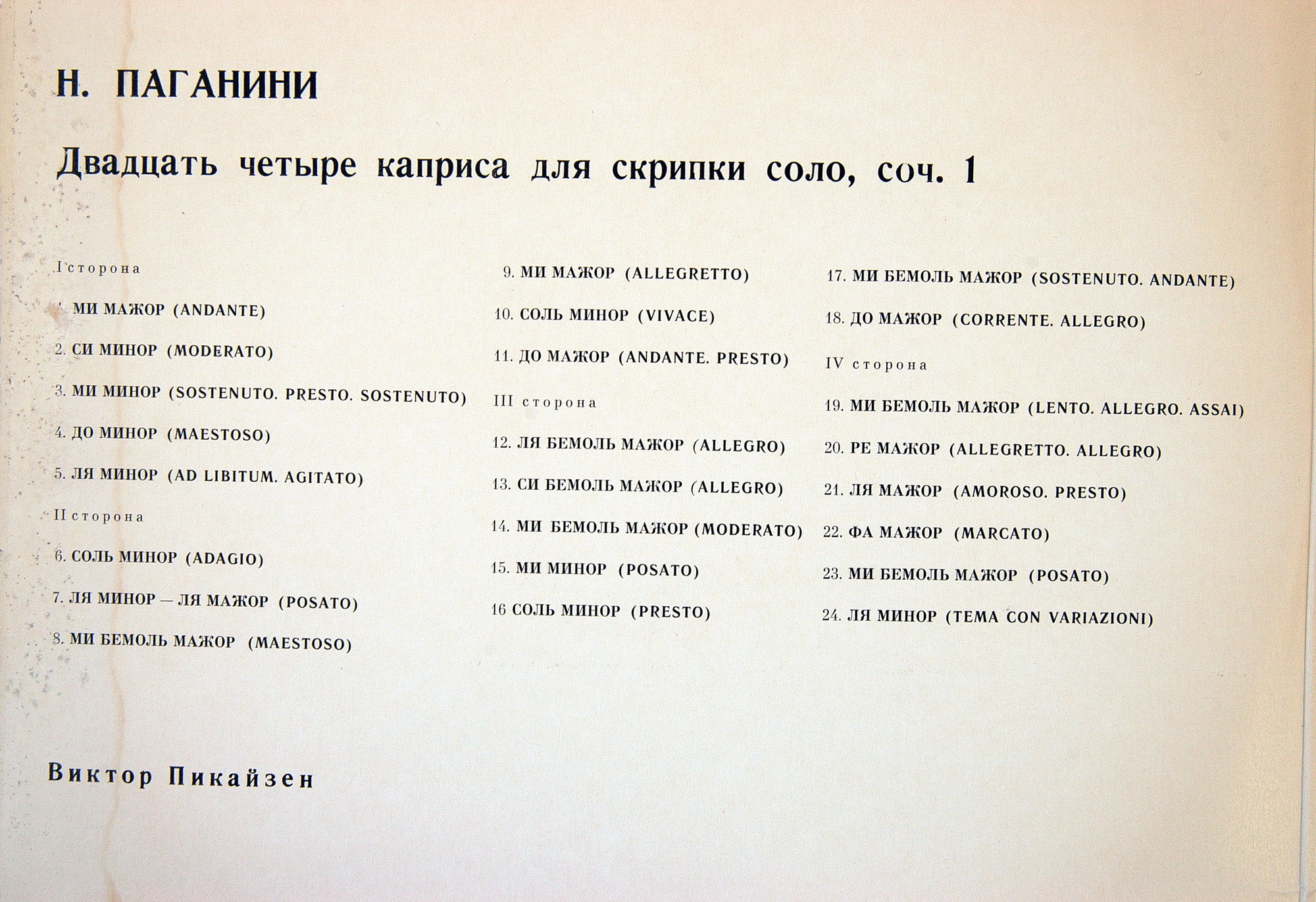 Н. ПАГАНИНИ Двадцать четыре каприса для скрипки соло (В. Пикайзен)