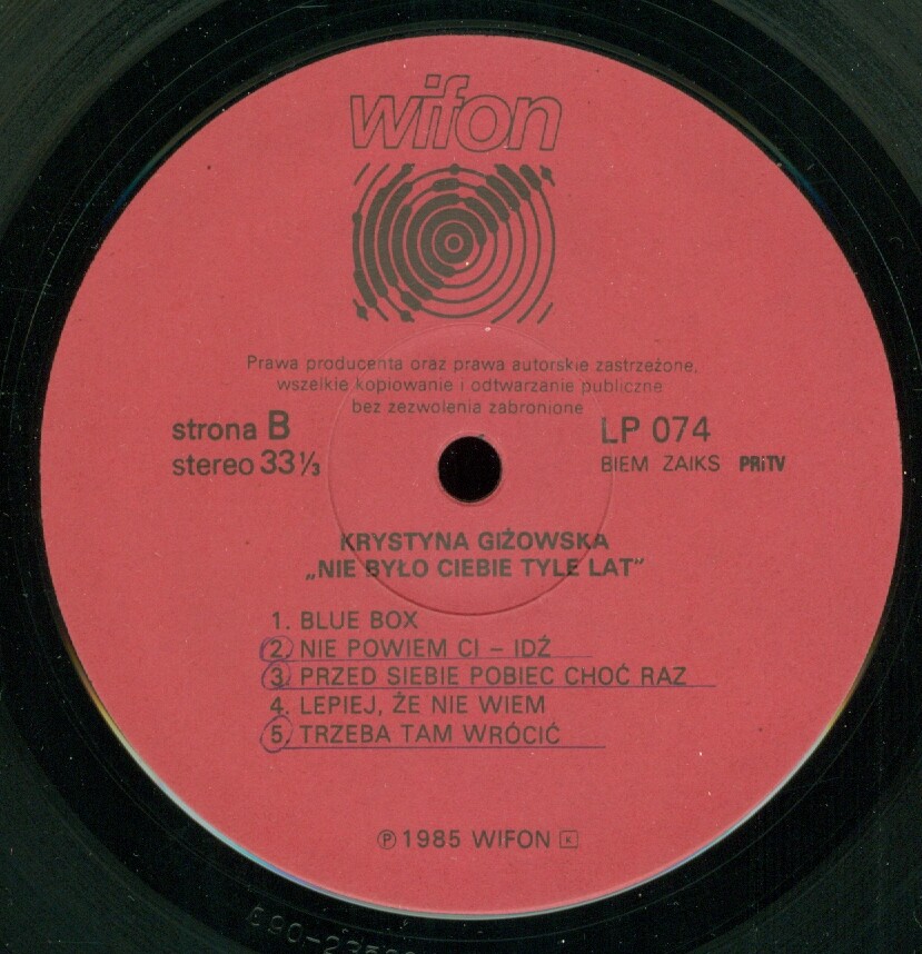 Krystyna Giżowska ‎– "Nie Było Ciebie Tyle Lat" [по заказу польской фирмы WIFON, LP 074]