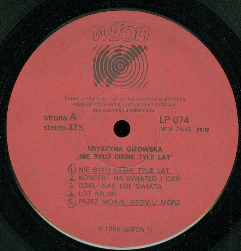 Krystyna Giżowska ‎– "Nie Było Ciebie Tyle Lat" [по заказу польской фирмы WIFON, LP 074]