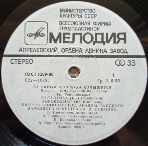 КВАРТЕТ СОЛИСТОВ ГОС. АКАДЕМ. РУССКОГО НАР. ОРКЕСТРА им. Н. ОСИПОВА: Владимир Ионченков (домра-альт), Александр Горбачев (балалайка-прима), Игорь Коновалов (баян), Александр Корнетов (балалайка-контрабас).