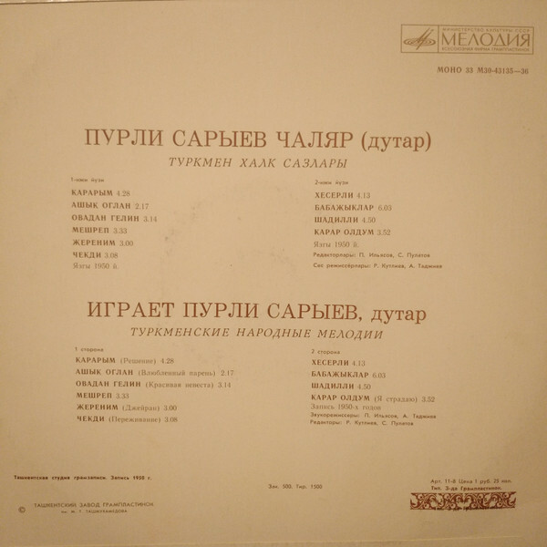 САРЫЕВ Пурли (дутар). Нар. мелодии: