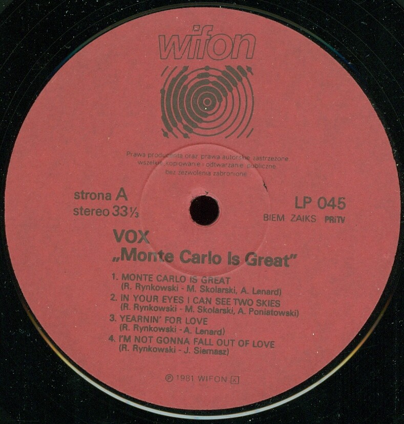 VOX - Monte-Carlo is great  [по заказу польской фирмы WIFON, LP 045]
