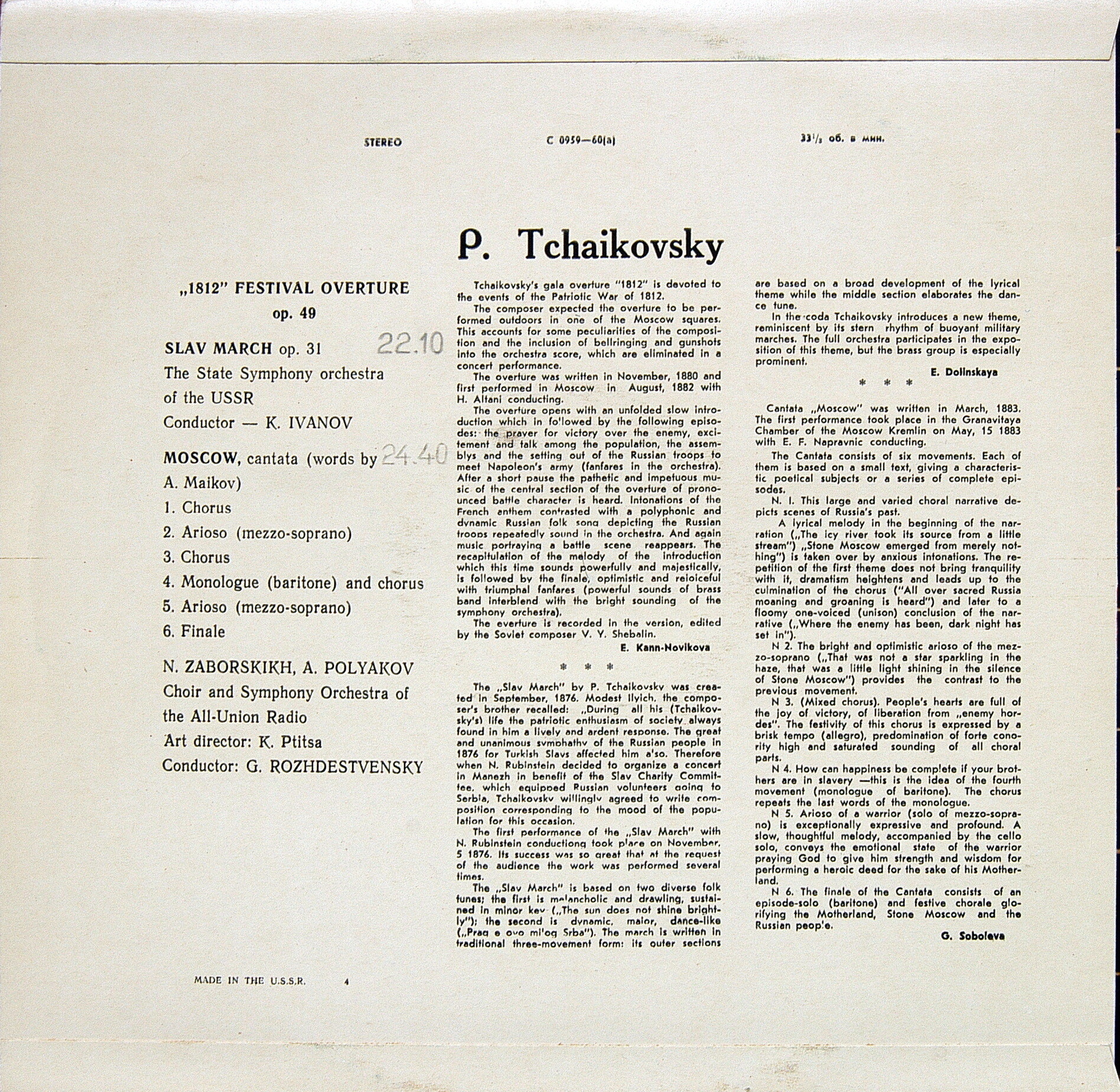П. ЧАЙКОВСКИЙ (1840–1893): Торжественная увертюра «1812 год»; Славянский марш; Кантата «Москва»