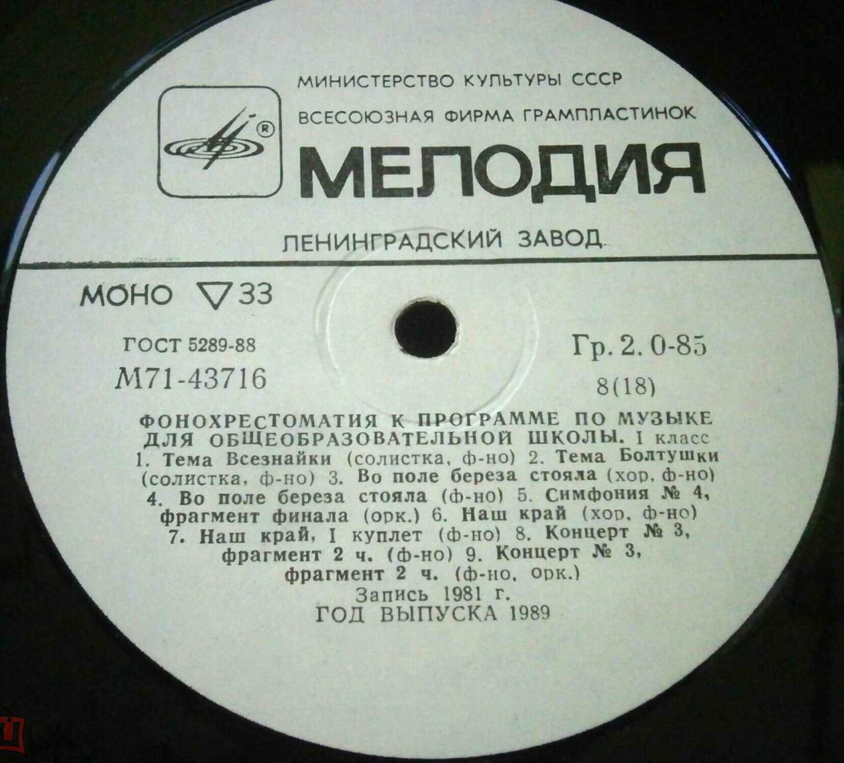ФОНОХРЕСТОМАТИЯ К ПРОГРАММЕ ПО МУЗЫКЕ ДЛЯ ОБЩЕОБРАЗОВАТЕЛЬНОЙ ШКОЛЫ. 1 класс