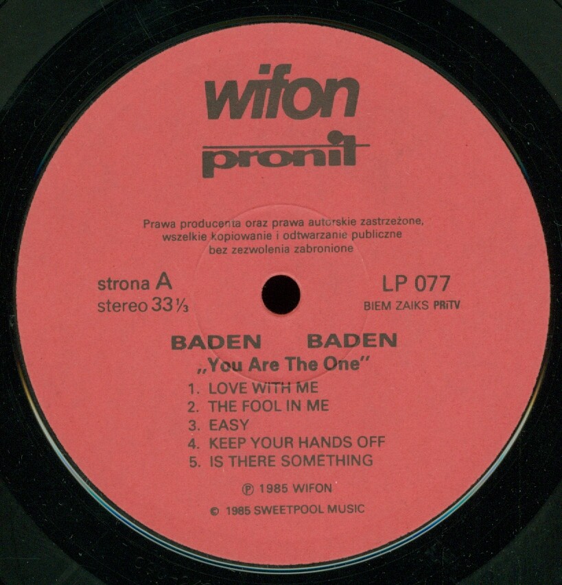 Baden Baden ‎– You Are The One [по заказу польской фирмы WIFON, LP 077]