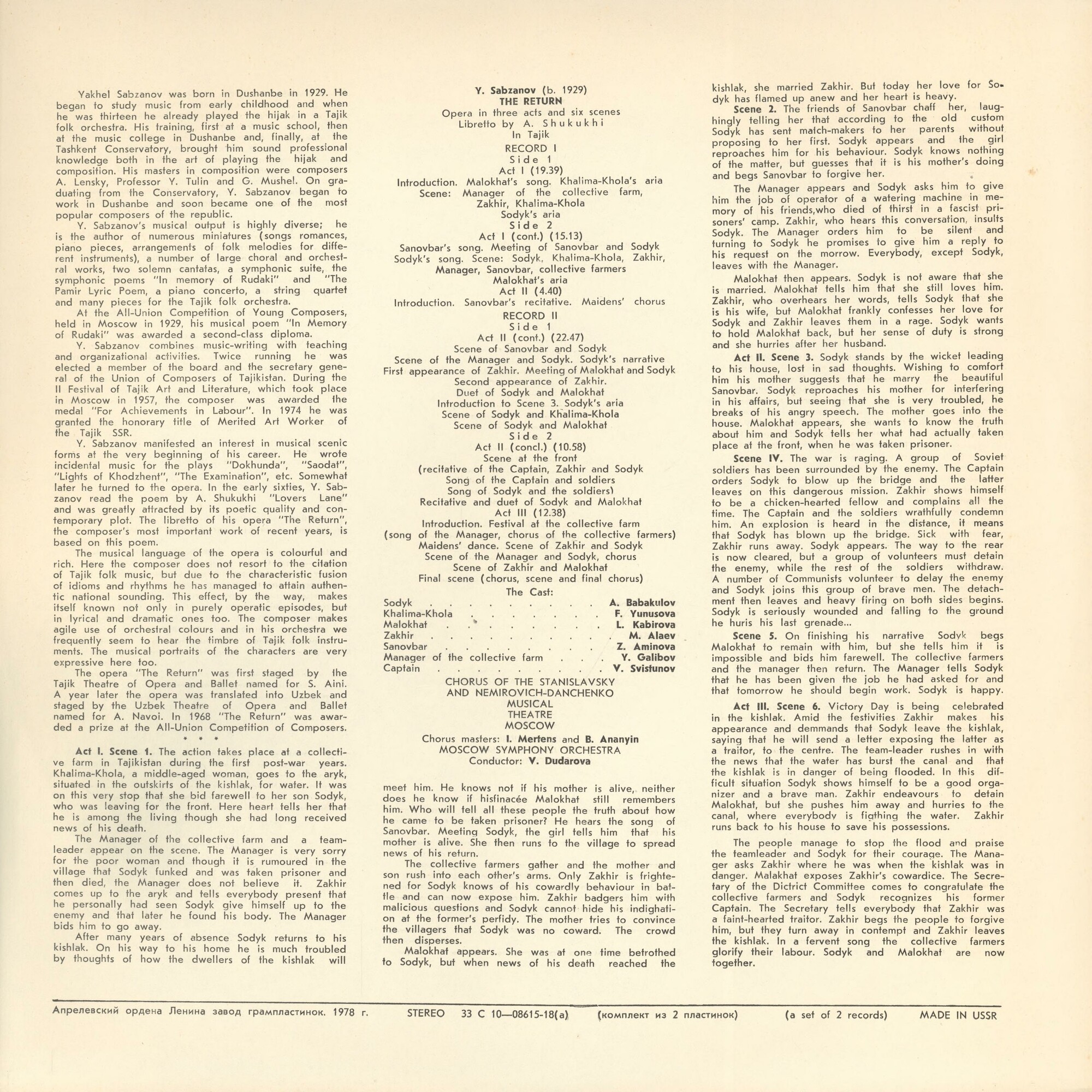 Я. САБЗАНОВ (1929). «Возвращение», опера в трех действиях (на таджикском яз.).