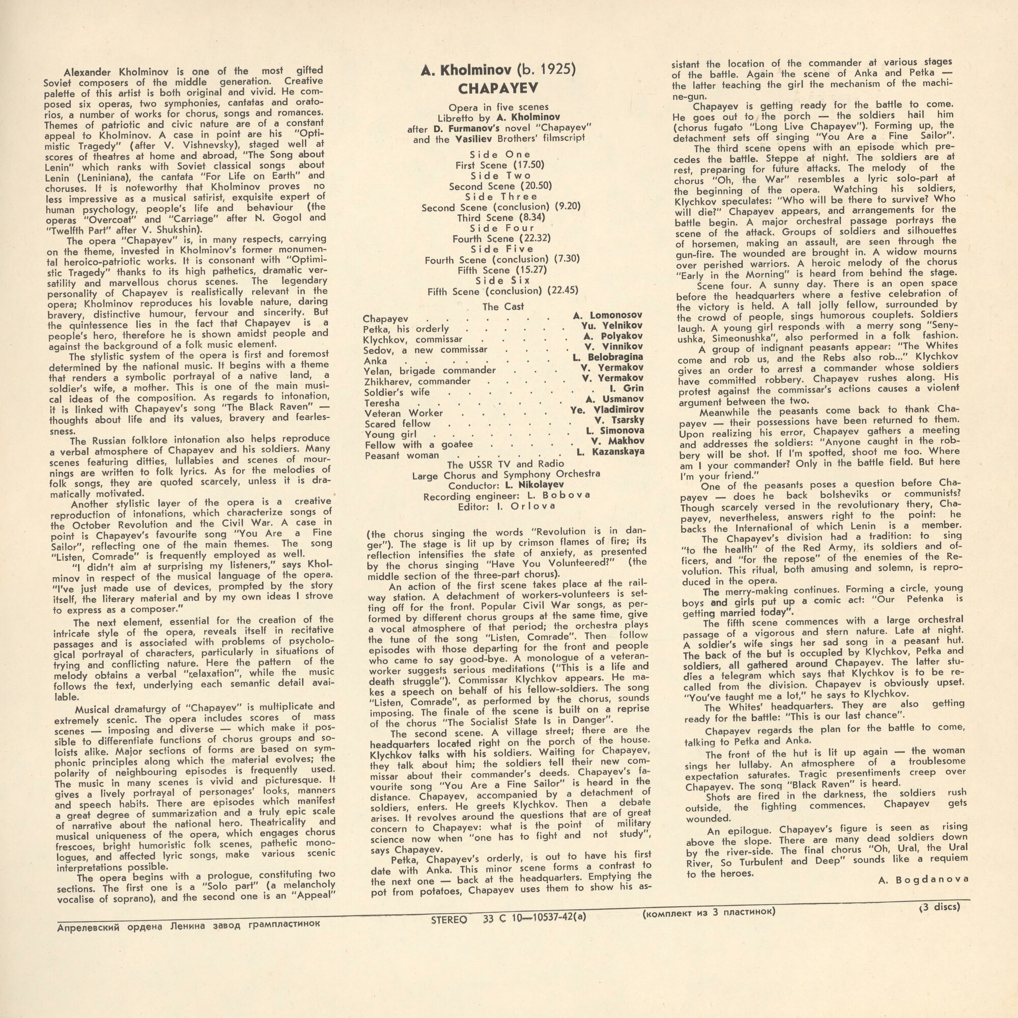 А. ХОЛМИНОВ (1925): «Чапаев», опера в пяти картинах