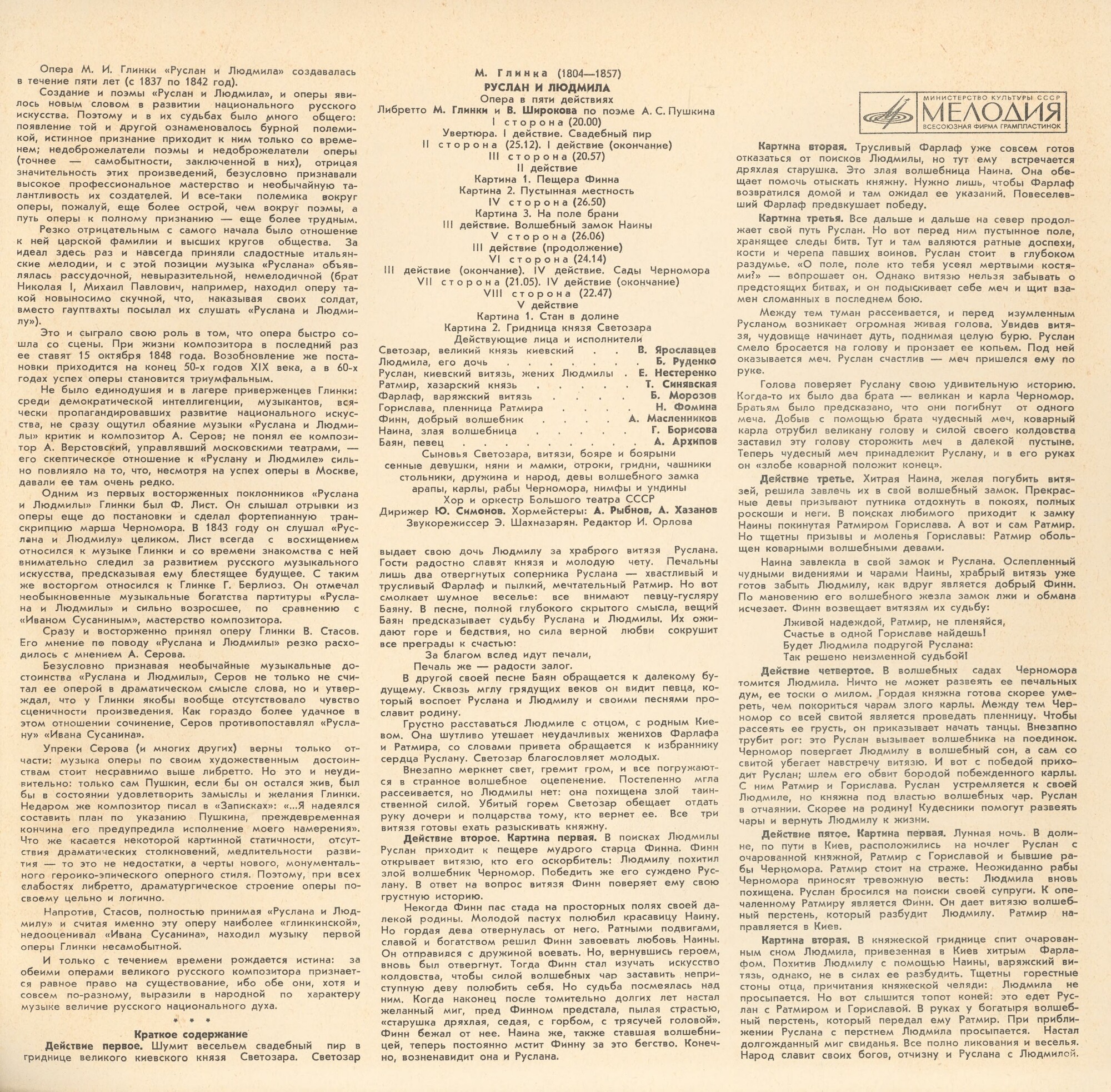 М. ГЛИНКА (1804—1857): «Руслан и Людмила», опера в пяти действиях