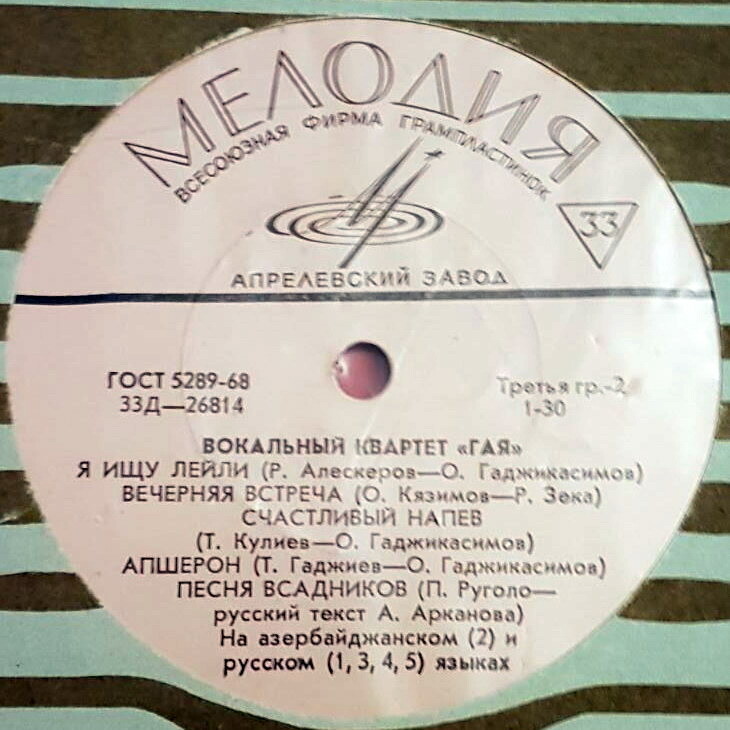 ВОКАЛЬНЫЙ КВАРТЕТ «ГАЯ»: Т. Мирзоев, Р. Бабаев, Л. Елисаветский, Г. Гаджиев