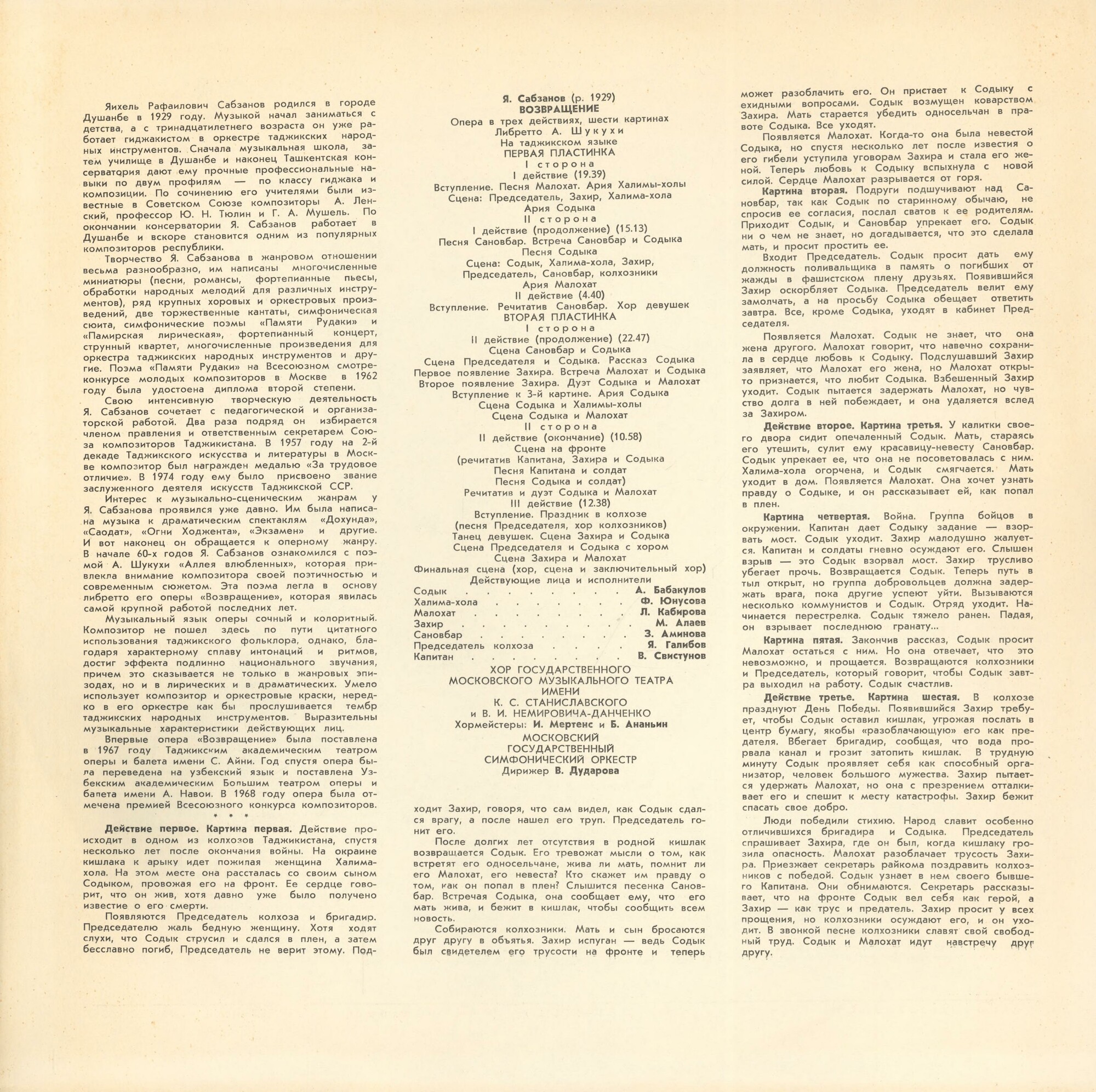 Я. САБЗАНОВ (1929). «Возвращение», опера в трех действиях (на таджикском яз.).