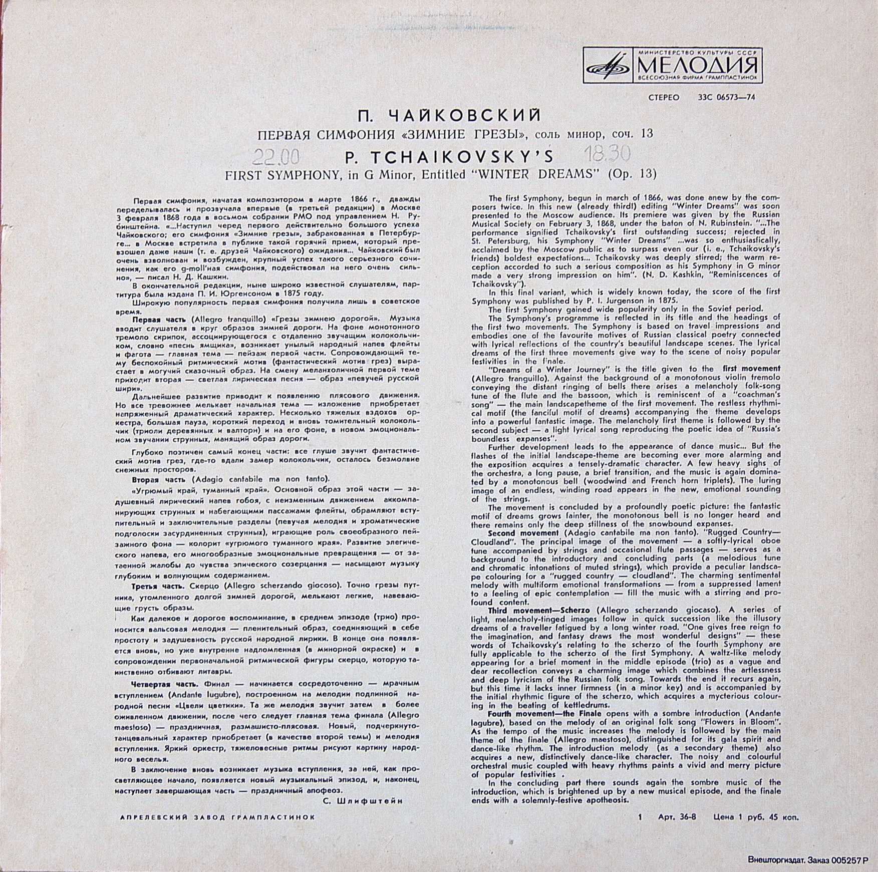 П. ЧАЙКОВСКИЙ (1840–1893): Симфония № 1 соль минор, соч. 13 (К. Иванов)