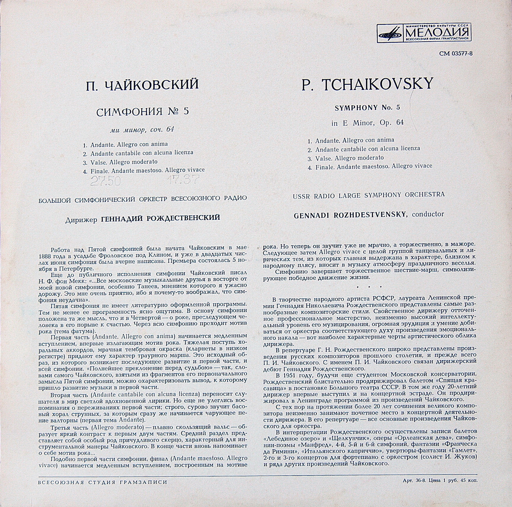 П.И.ЧАЙКОВСКИЙ (1840–1893) «Симфония № 5, ми минор, соч. 64»
