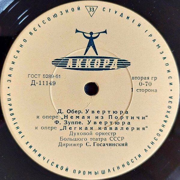 Духовой оркестр Большого театра СССР, дирижер С. Госачинский. Оперные увертюры Д. Обера, Ф. Зуппе и А. Тома