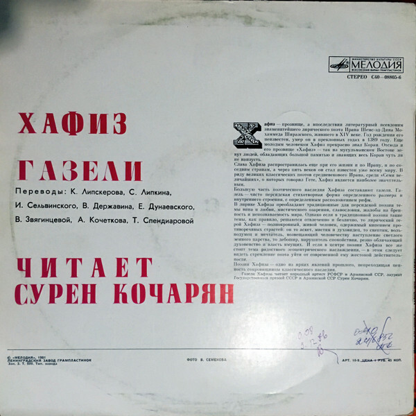 ХАФИЗ (XIV в.) Газели. Читает Сурен КОЧАРЯН