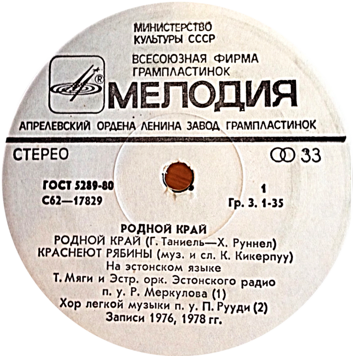 РОДНОЙ КРАЙ (на эстонском яз.) – премия совхоза "Ранна" за лучшую песню 1977-1981 годов
