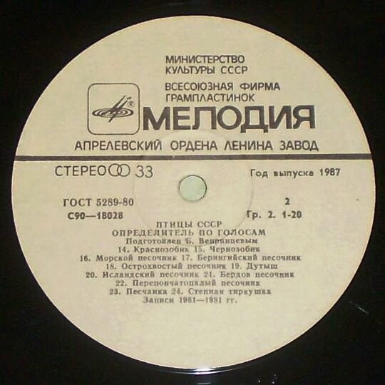 ПТИЦЫ СССР. Определитель по голосам (подготовлен Б. Вепринцевым).