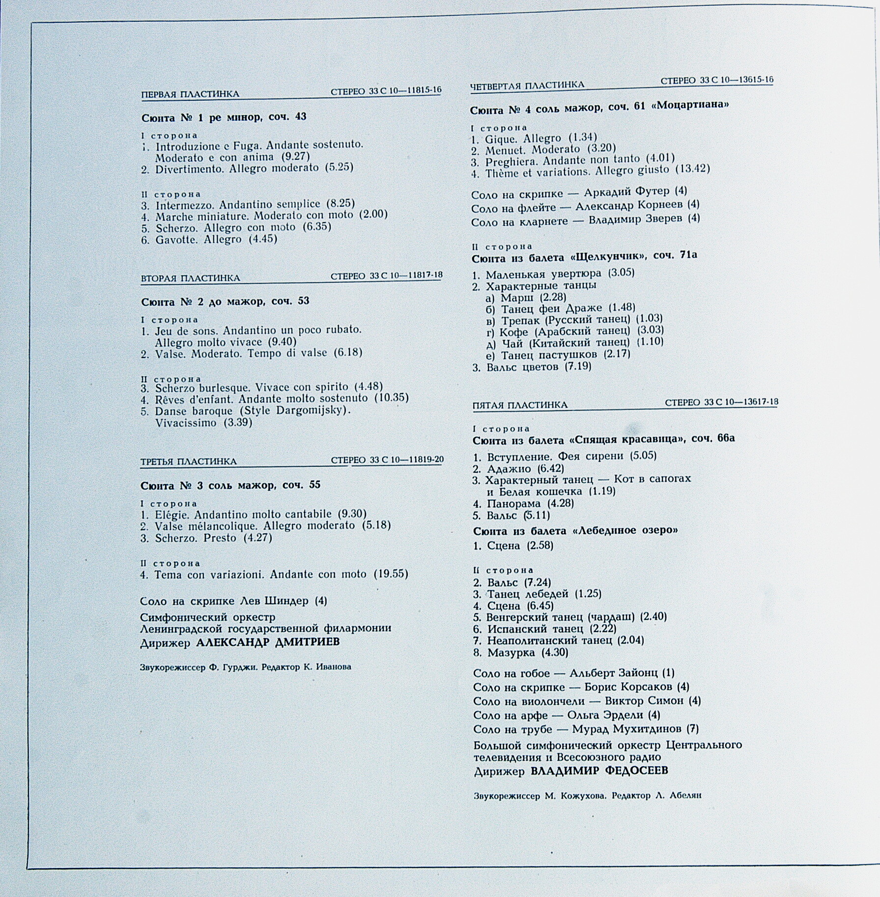 П. ЧАЙКОВСКИЙ. Полное собрание сочинений в грамзаписи. Часть 2, комплект 2. Сюиты № 1-3, "Моцартиана", сюиты из балетов "Лебединое озеро", "Щелкунчик", "Спящая красавица" (5 пластинок)