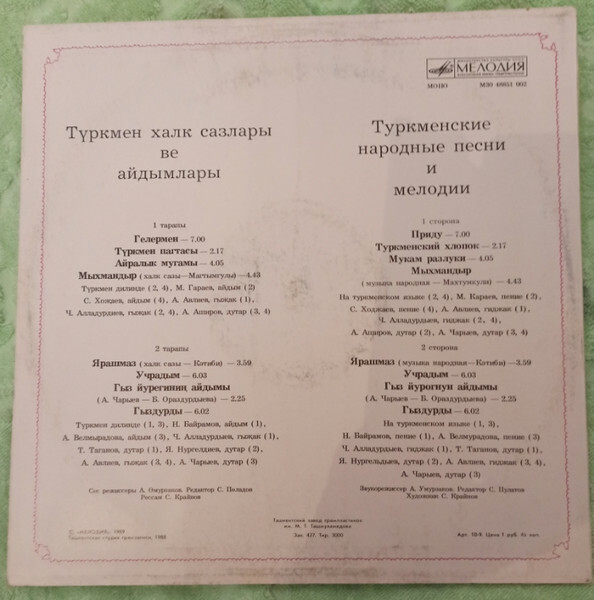 ТУРКМЕНСКИЕ ПЕСНИ И МЕЛОДИИ.