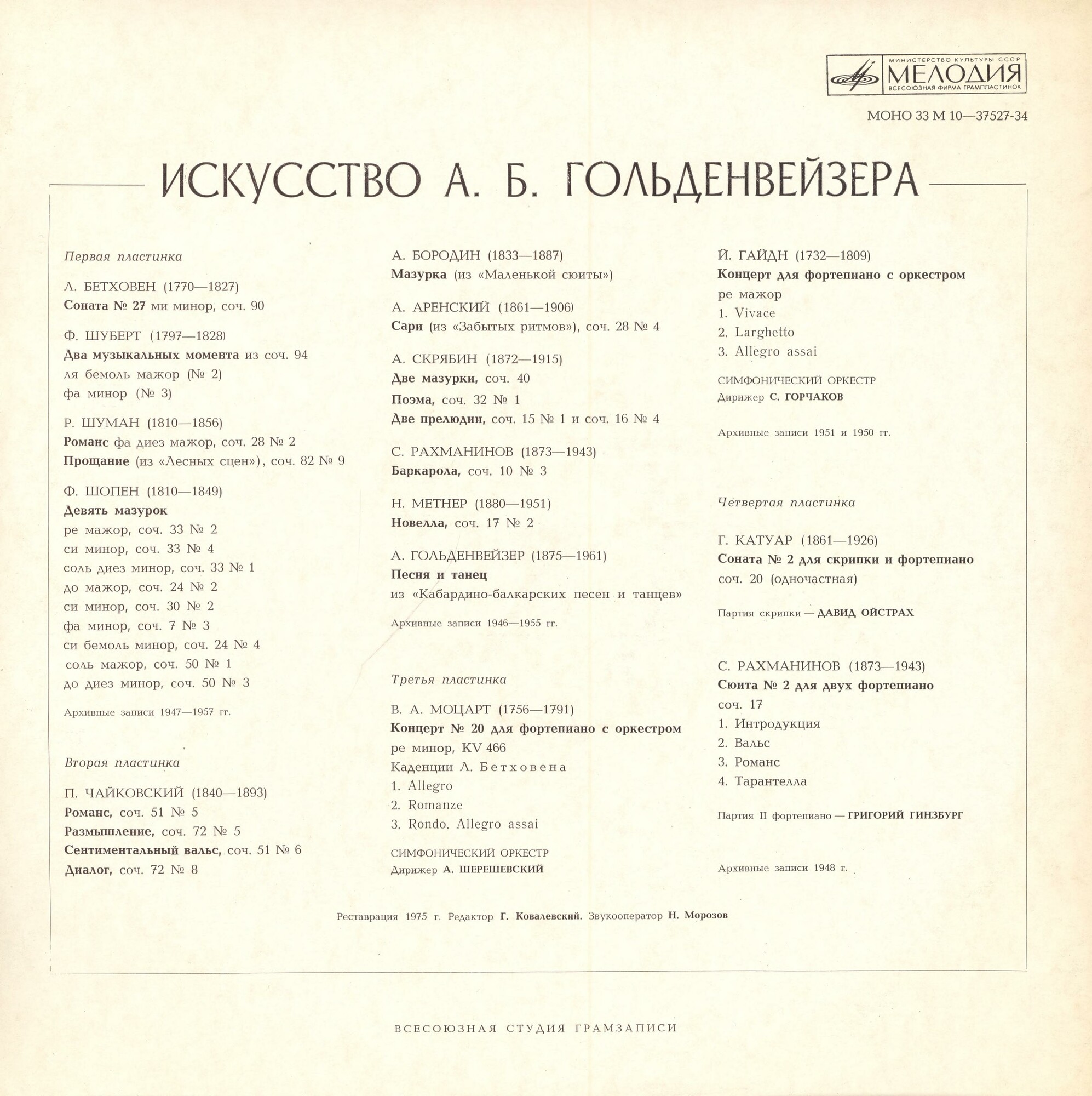 Александр ГОЛЬДЕНВЕЙЗЕР (ф-но, 1875–1961). «Искусство А. Б. Гольденвейзера».    Коробка