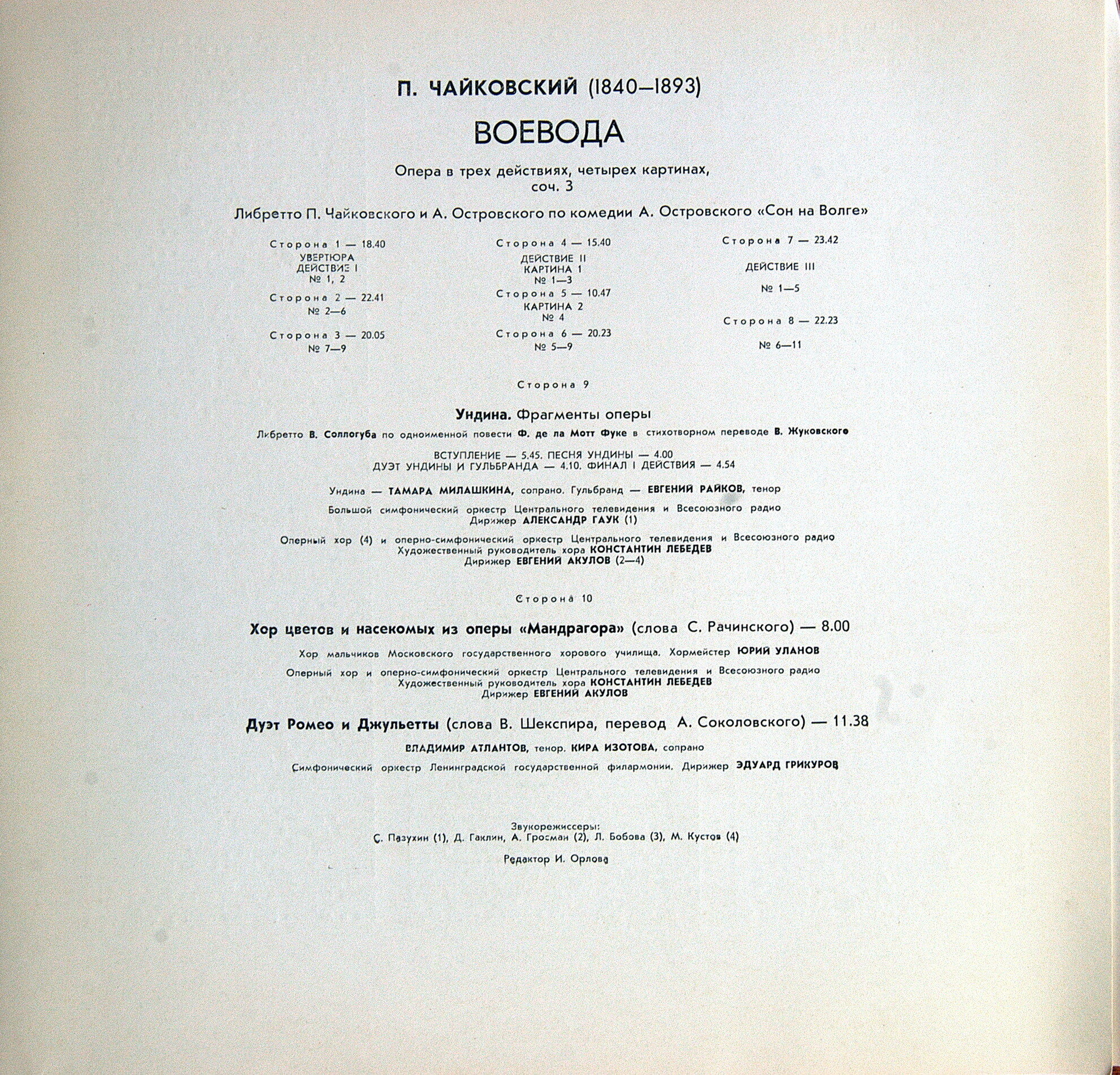 П. Чайковский. Полное собрание сочинений в грамзаписи. Часть 1, комплект 1. Опера "Воевода", фрагменты из опер "Ундина", "Мандрагора", "Ромео и Джульетта"