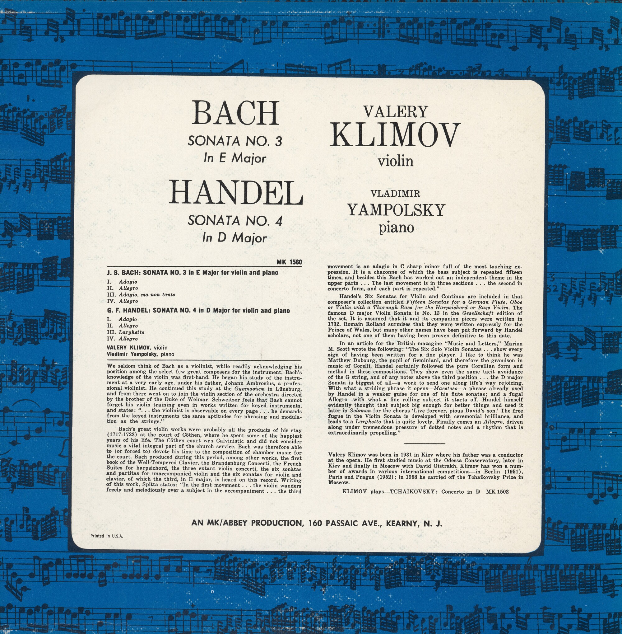 И. С. БАХ Соната №3 для скрипки и ф-но / Г. ГЕНДЕЛЬ Соната №4 для скрипки и ф-но (В. Климов, В. Ямпольский)