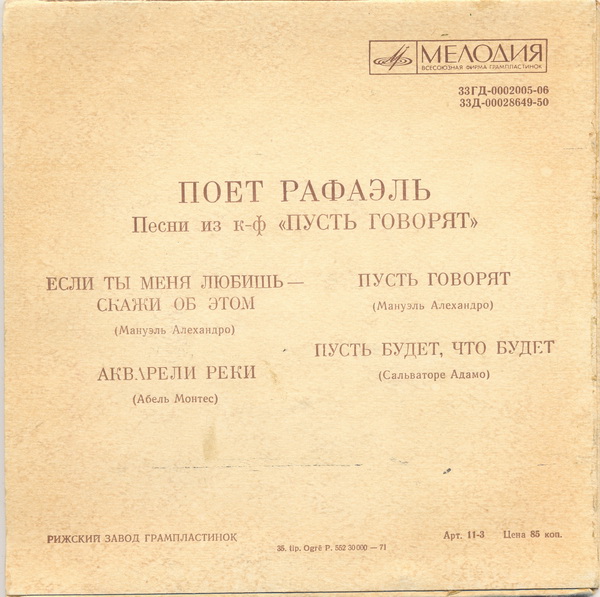 Поёт Рафаэль. Песни из к/ф «Пусть говорят»