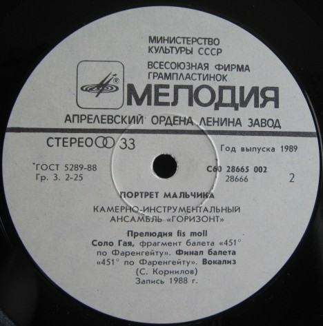 КАМЕРНО-ИНСТРУМЕНТАЛЬНЫЙ АНСАМБЛЬ «ГОРИЗОНТ», рук. Сергей Корнилов. «Портрет мальчика»