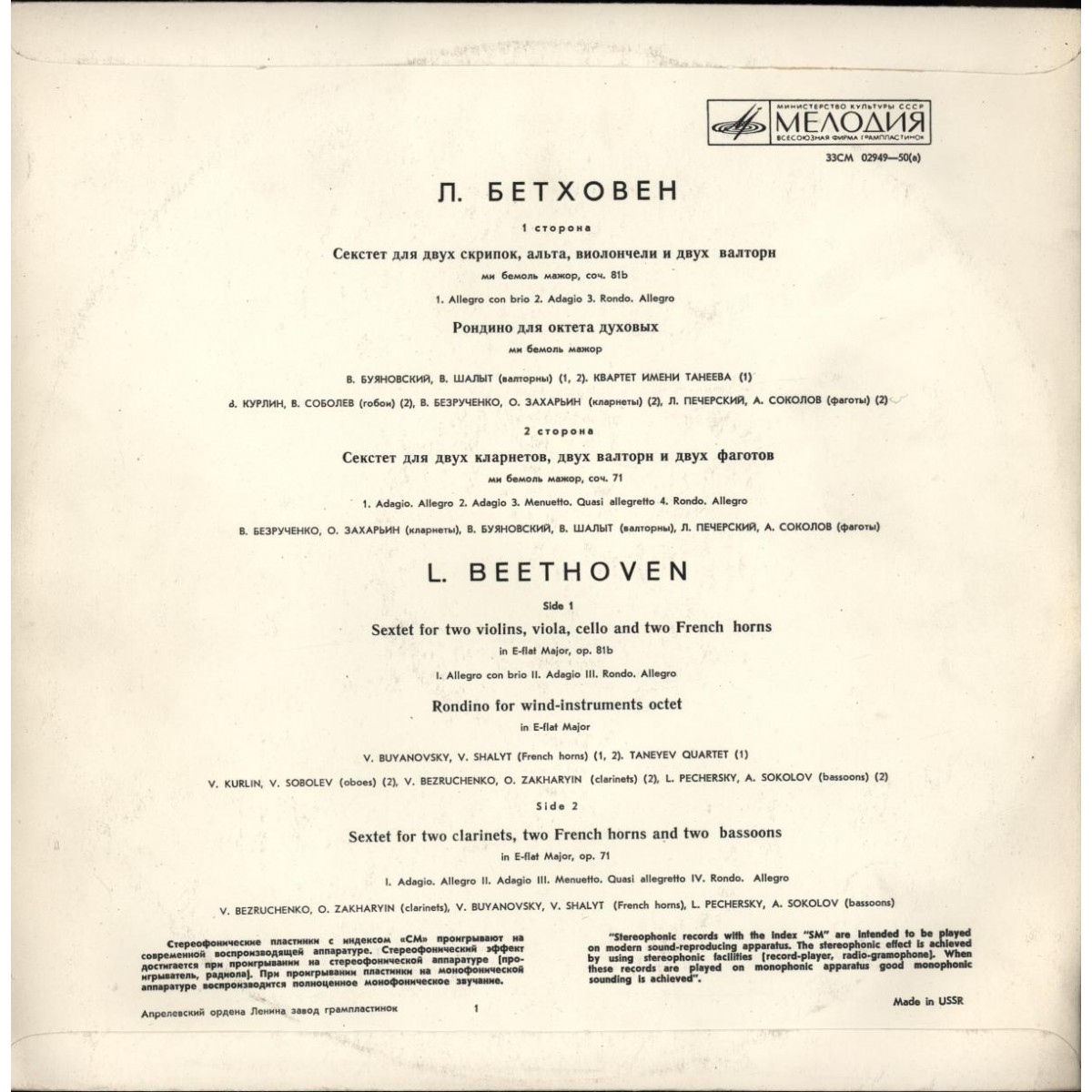 Л. Бетховен Два секстета и Рондино для октета духовых