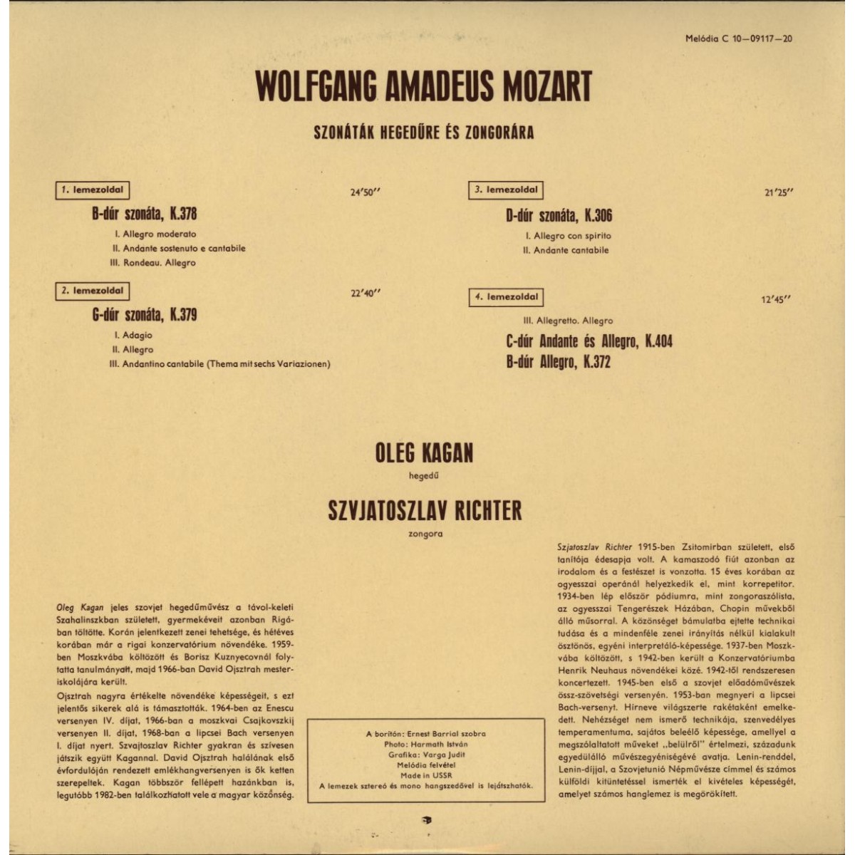 В. А. МОЦАРТ (1756-1791). Сочинения для скрипки и ф-но (О. Каган, С. Рихтер)