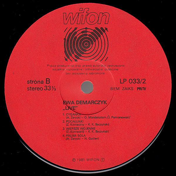 Ewa Demarczyk ‎– Live [По заказу польской фирмы WIFON, LP 033]