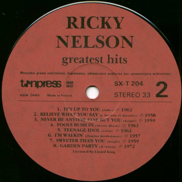 Ricky Nelson "Greatest hits" [по заказу польской фирмы TONPRESS SX-T204]